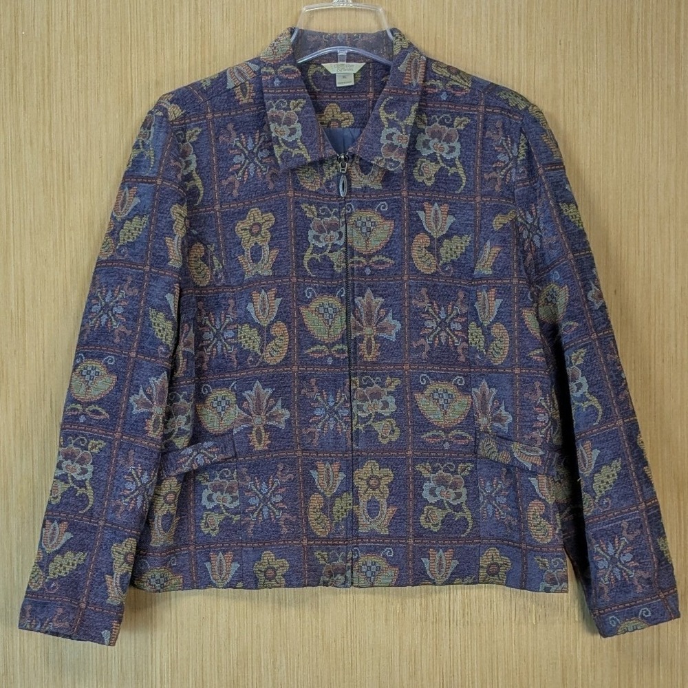 Christopher & Banks Vintage Tapestry Floral Zip Jacket XL Purple Retro Grandma